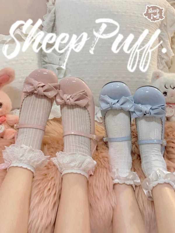 Sheep Puff rounded bow patent Lolita shoes with a cute, glossy finish and decorative bow detail, perfect for stylish outfits.