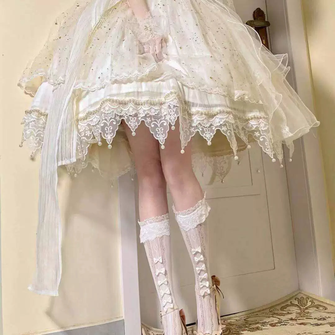 Fantasy Doll - Ribbon Lace - Mid-Calf Socks with Gathered Lace Cuffs