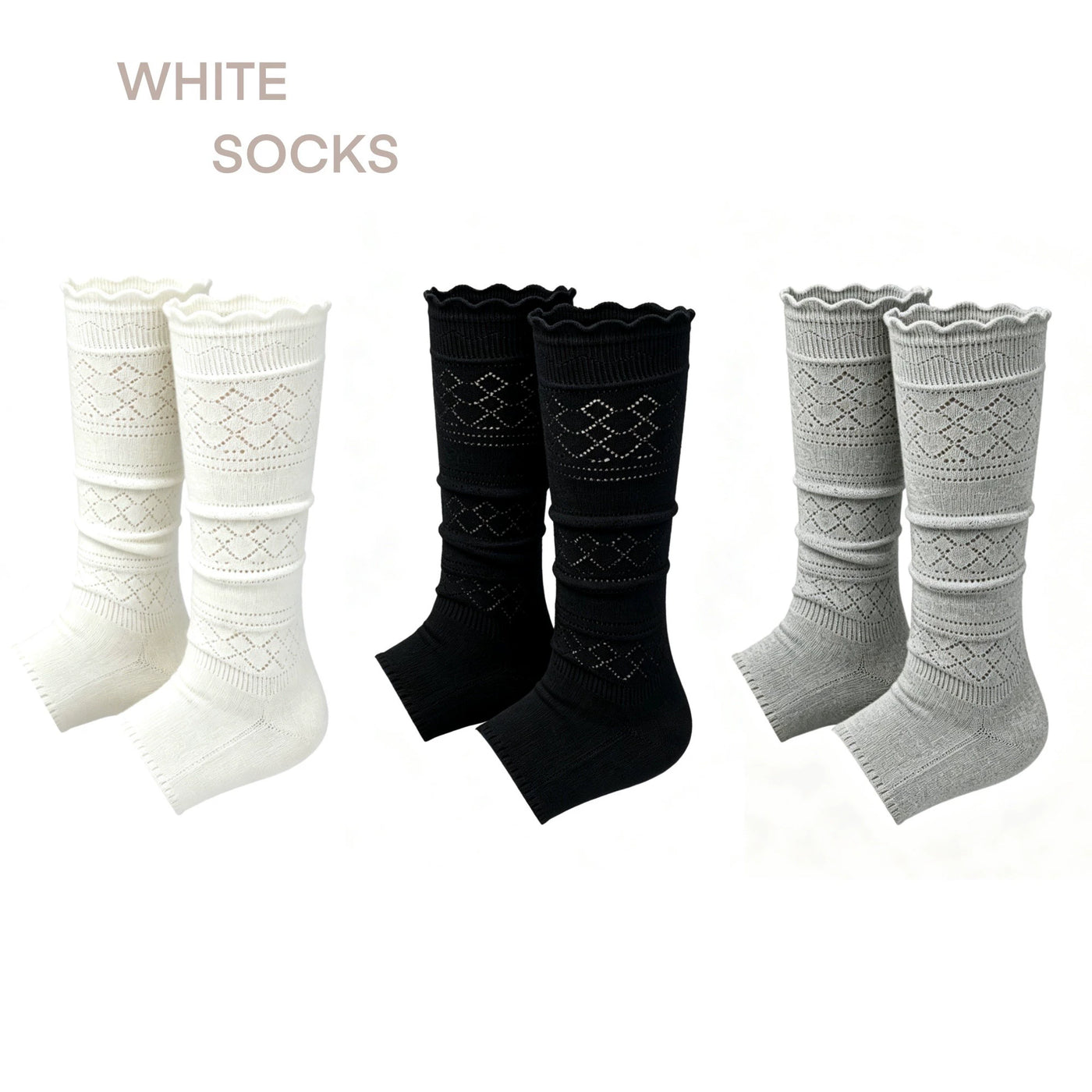 White Socks - Openwork Lace - Lace-Textured Stirrup Leg Warmers