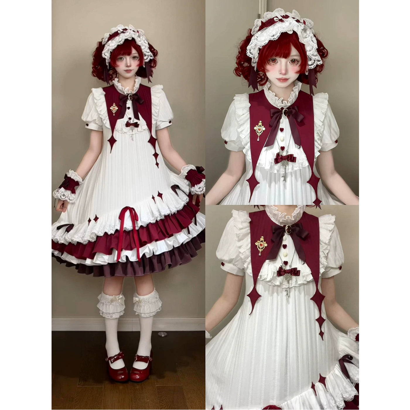 Creamy - Sweet Bride - White and Burgundy OP Dress with Layered Ruffles