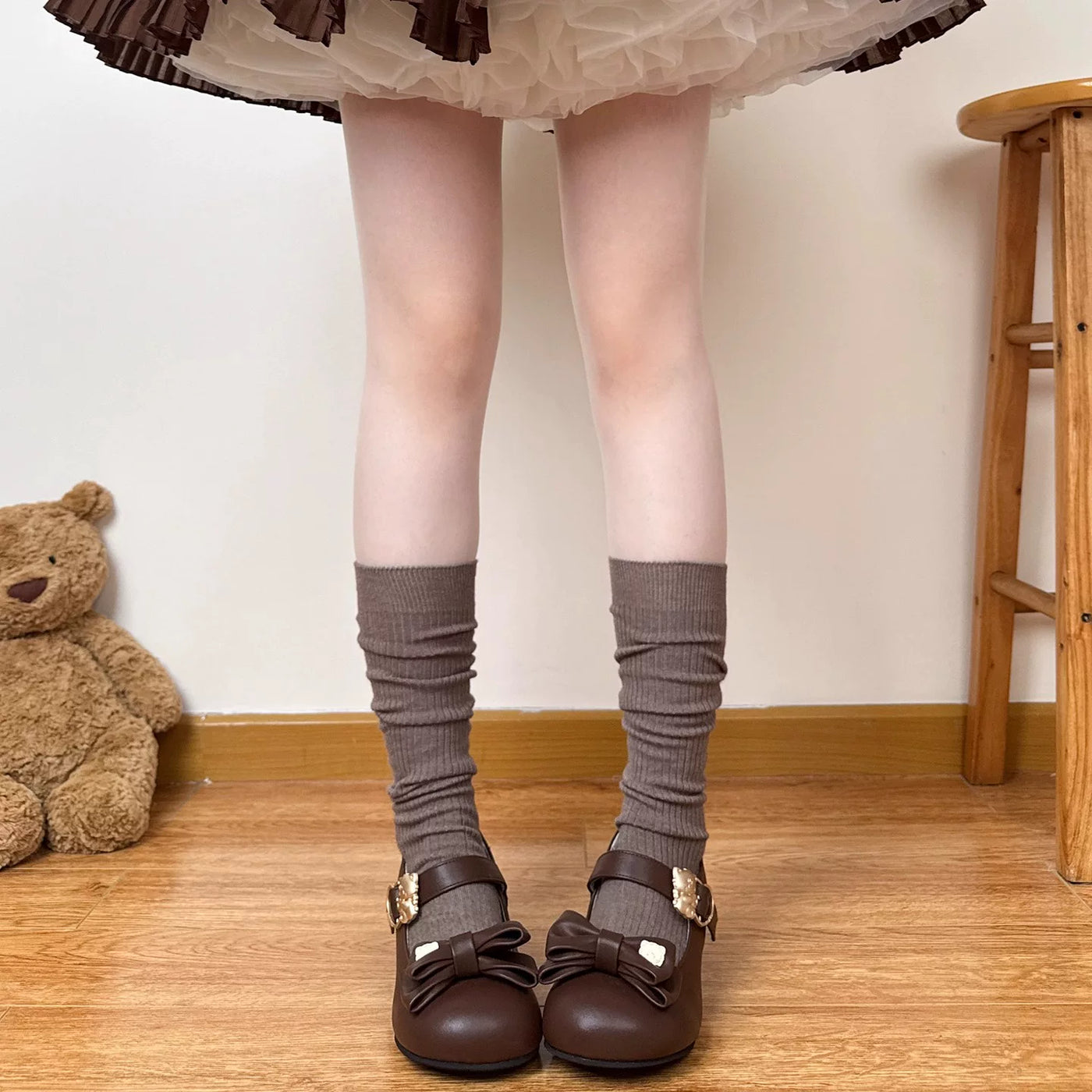 Chubby Bear Tales - Caramel Cocoa - Lolita slouch socks with a gathered ribbed leg