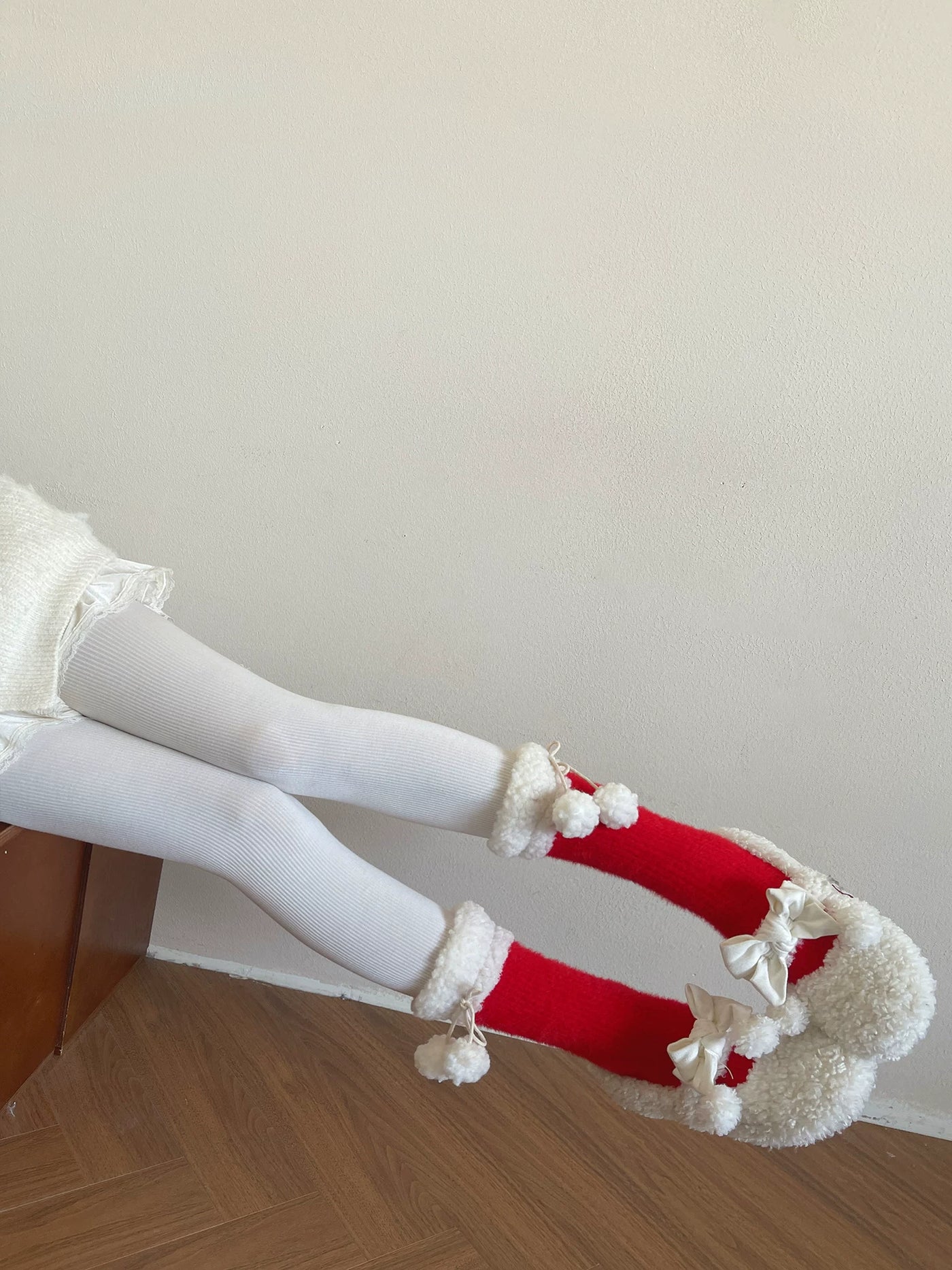 Sock Noble - Winter Pom-Pom - Plush-Trim Slouch Socks with Pom-Pom Ties