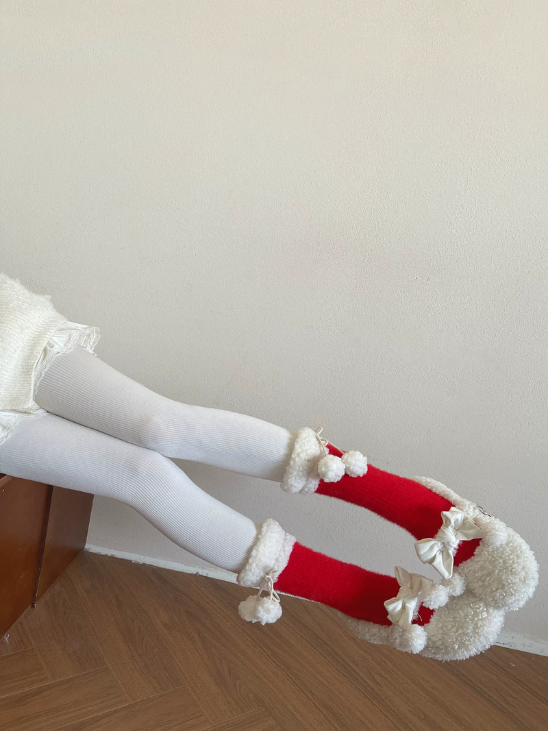 Sock Noble - Winter Pom-Pom - Plush-Trim Slouch Socks with Pom-Pom Ties