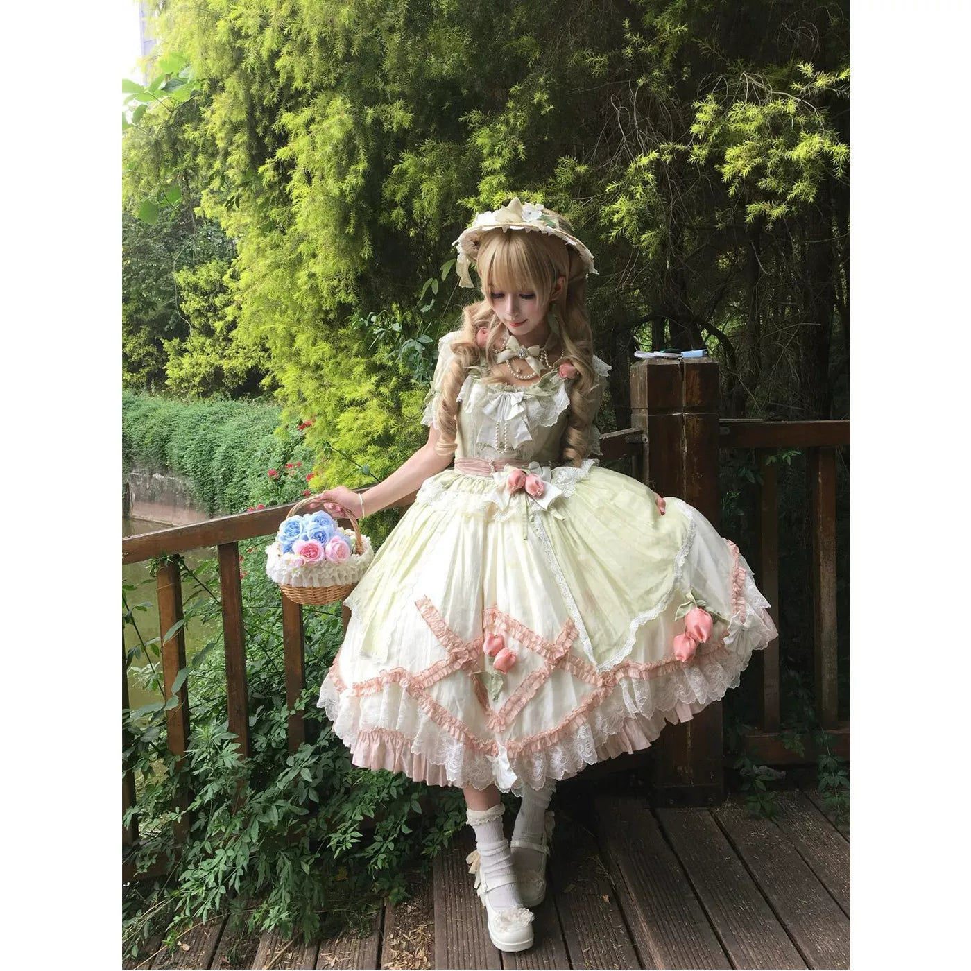 Creamy - Green Pink Floral - Short-Sleeve OP Dress with Layered Lace Skirt