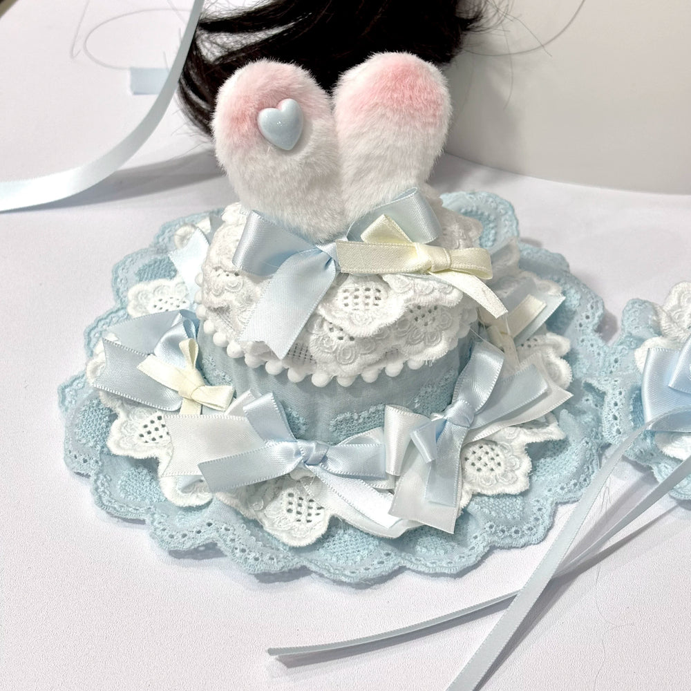 Cat Tart blue-and-white Lolita mini top hat with rabbit ears and layered lace