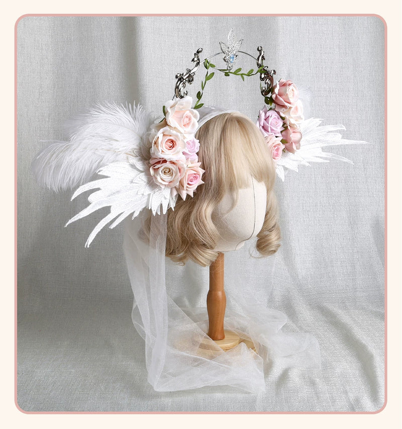 Stardust Rose - Angel Rose Crown - White Rose Crown with Wing Details