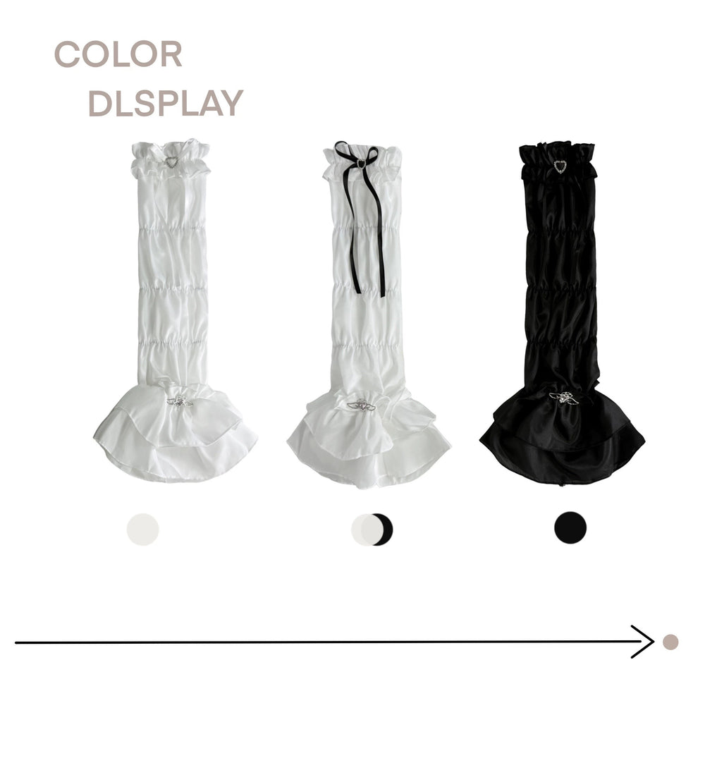 White and black layered frill calf sock covers with bows and rhinestone accents