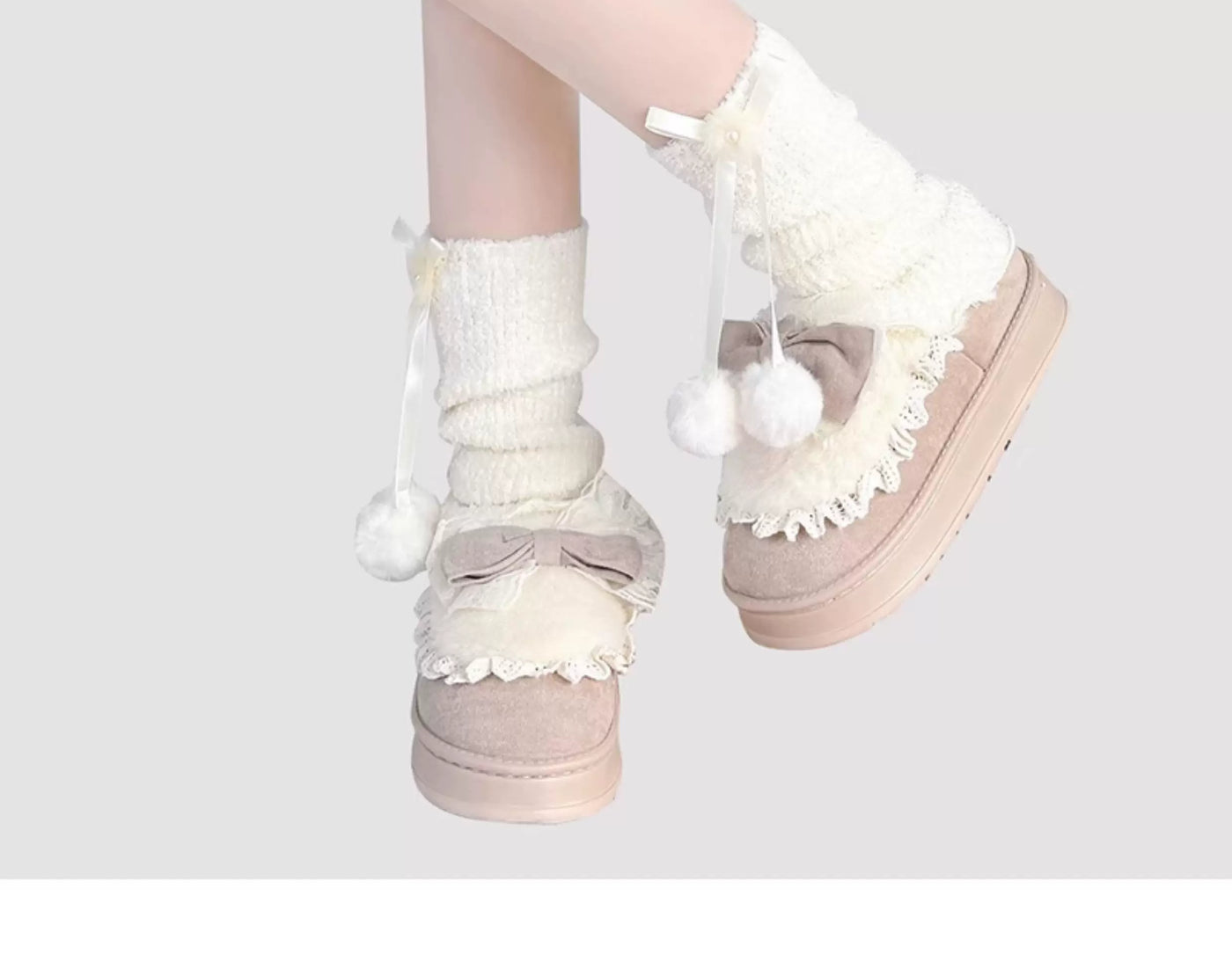 Floral Milk Cat - Pom-Pom Bow - Slouchy Mid-Calf Socks with Ruffle Trim