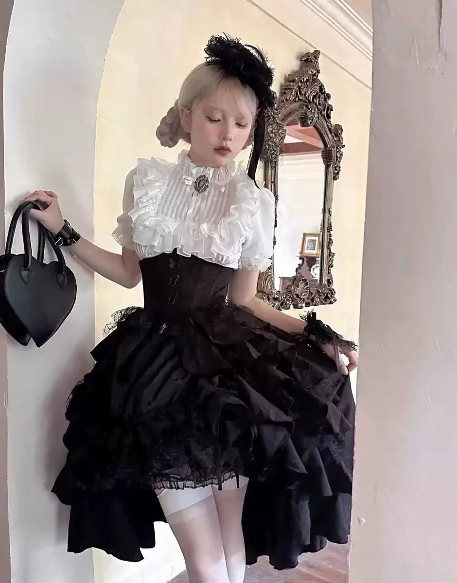 Sweetheart Dream Machine - Nightingale Girl - Gothic Lolita Blouse and Pull-Up Skirt Options with Layered Ruffles
