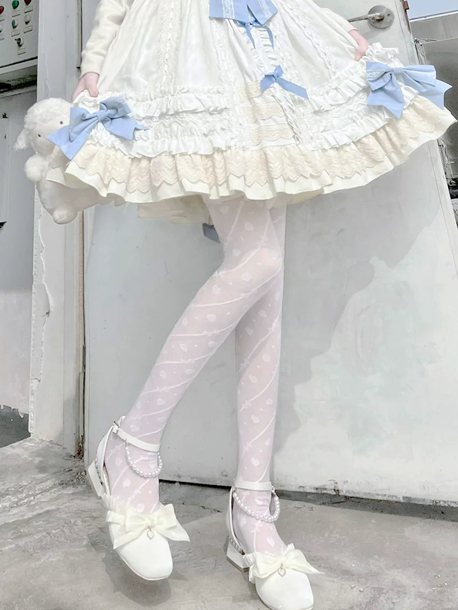 Floral Milk Cat - Heart Stripe - Pantyhose with Heart Motifs and Diagonal Stripe Details