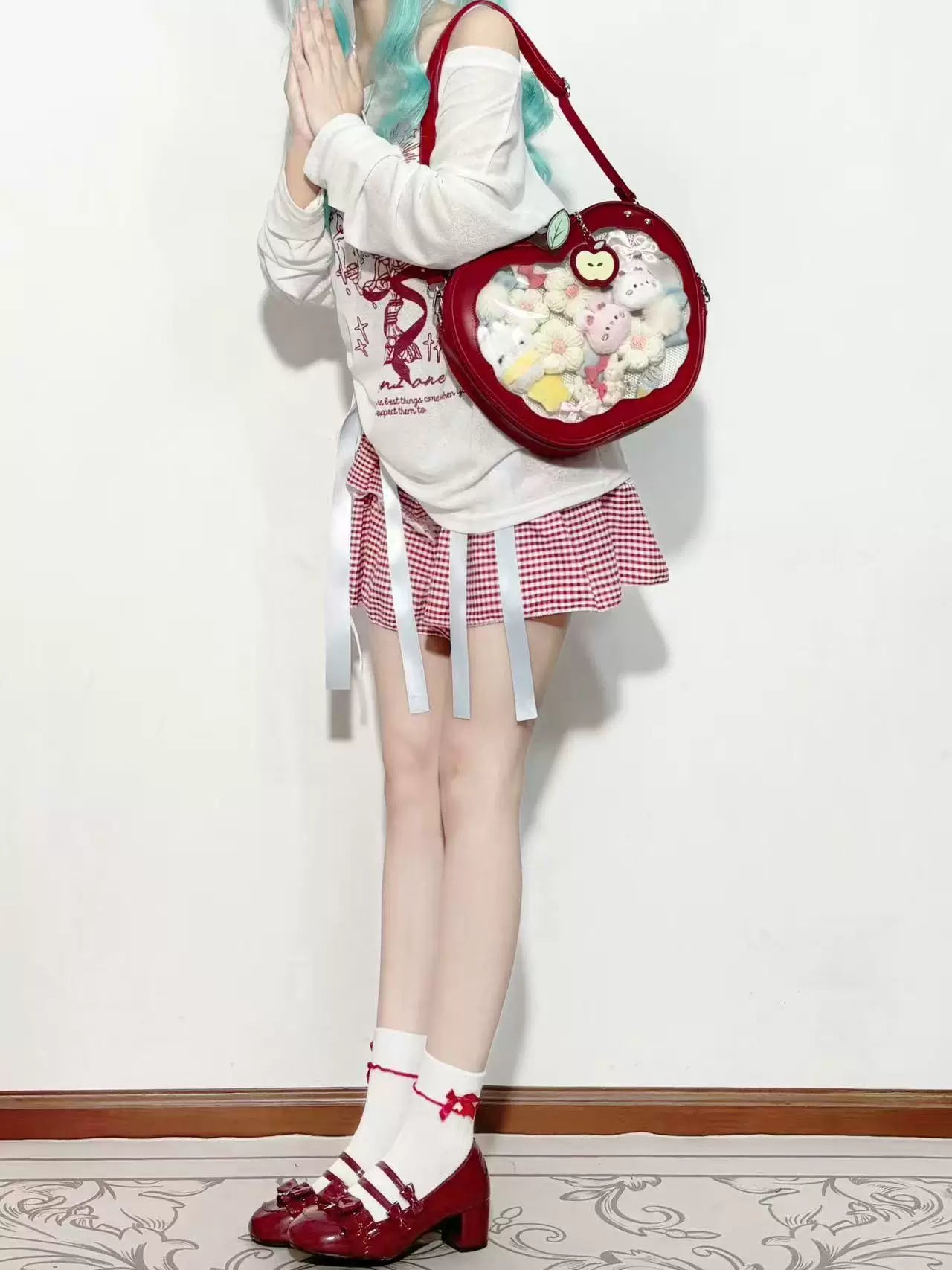 Fantasy Doll - Japanese Red Trim - Red-trimmed mid-calf socks with ruffled edging and bows