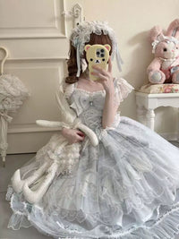 Pastel Bow Princess – Plus Size Sweet Lolita JSK Sets - Blue full set - JSK skirt + veil + train + hair ribbon + petticoat / 2XL (140-160 jin)