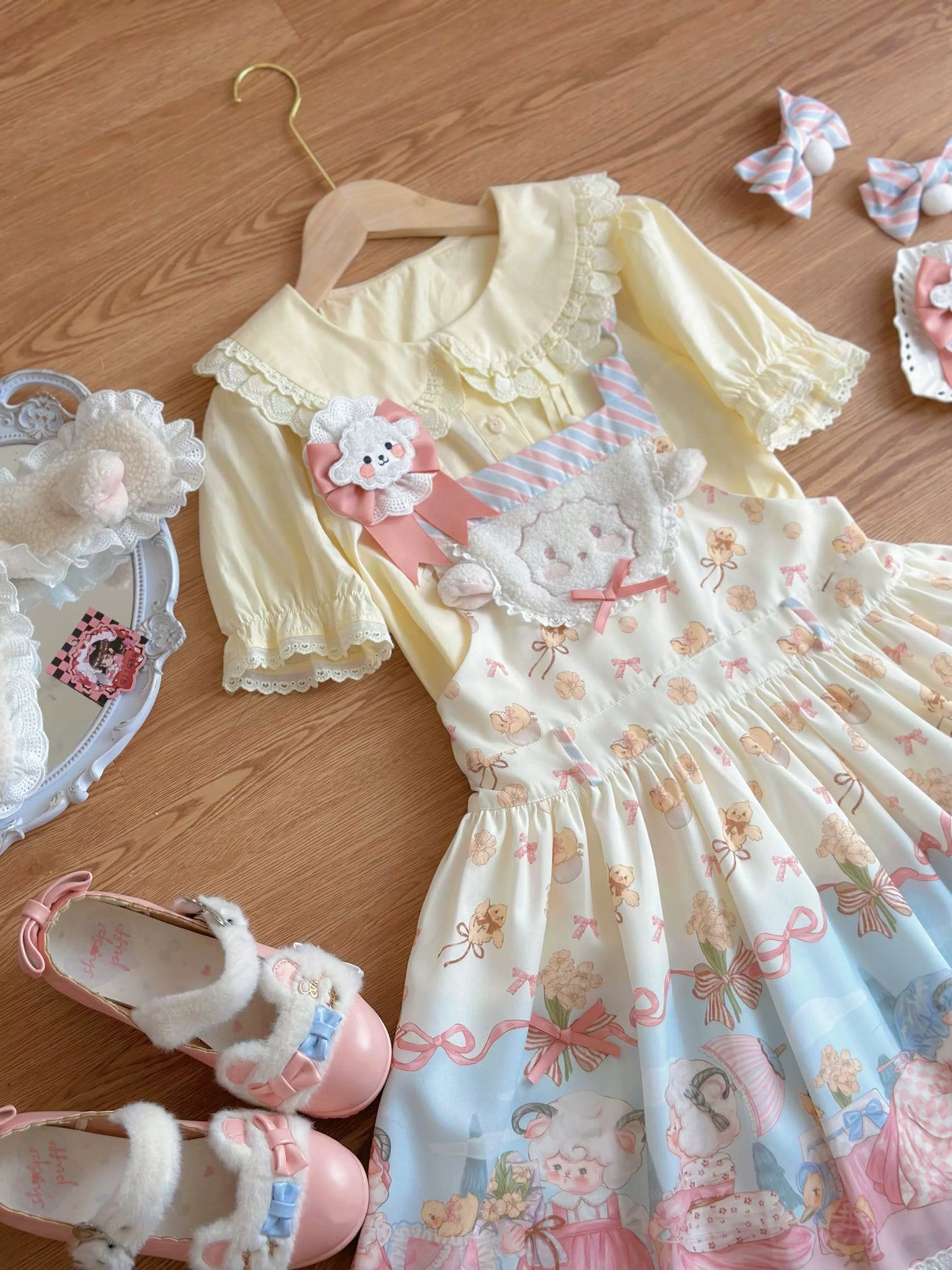 Cat Upon Cat - Sheep Waltz - Ecru Jumper Skirt with a Sheep Appliqué