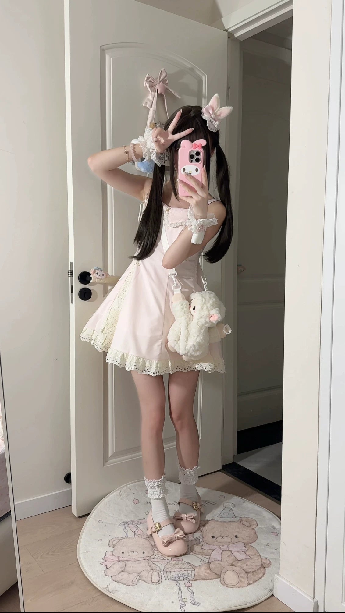 Cat Upon Cat - Little Cream - Pink Short-Sleeve Dress, Blouse or JSK Set with Lace Trim