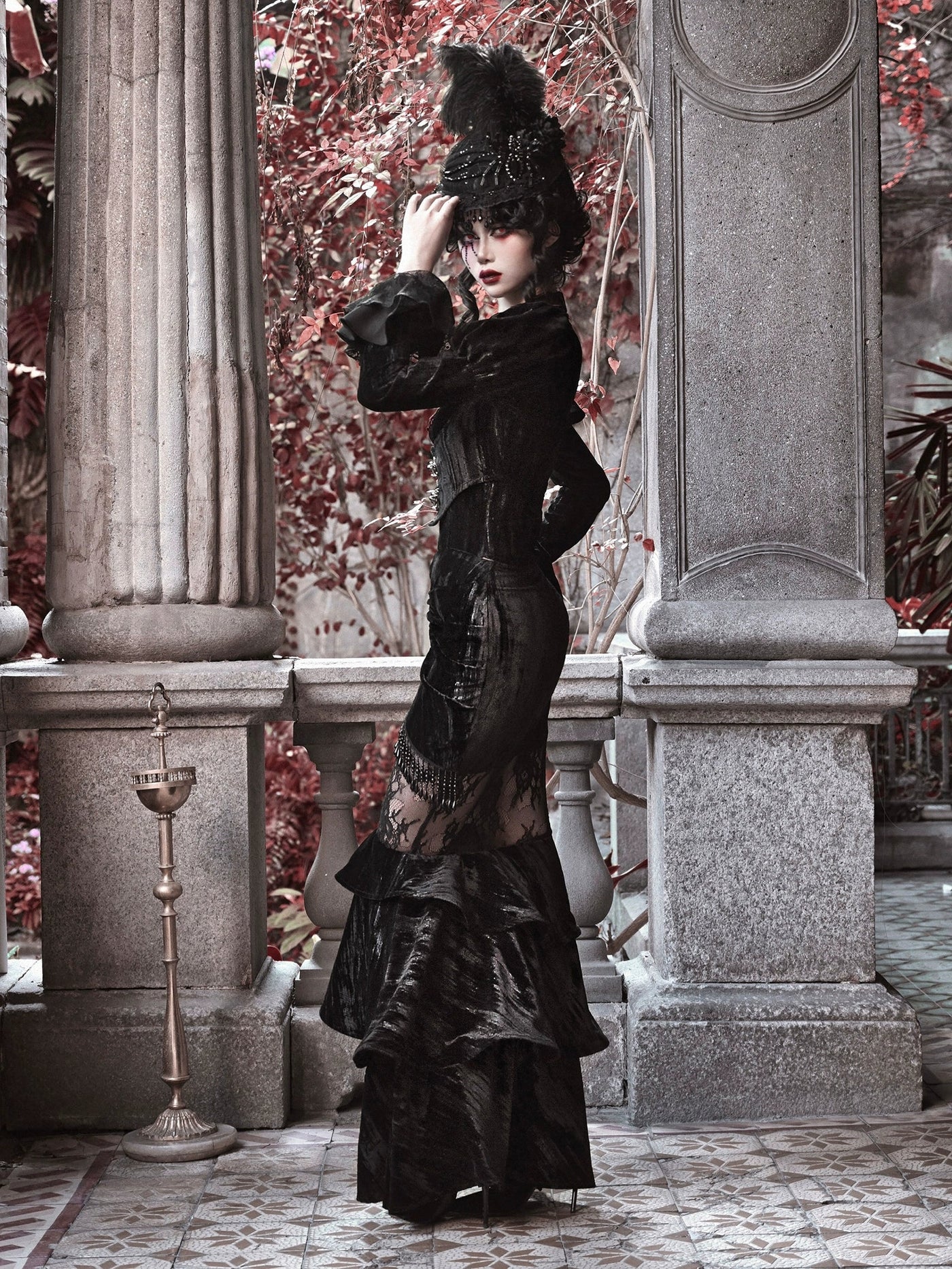 BLOOD SUPPLY - Duchess - Gothic Lolita Velvet Mermaid Skirt with Layered Frills - product detail 7