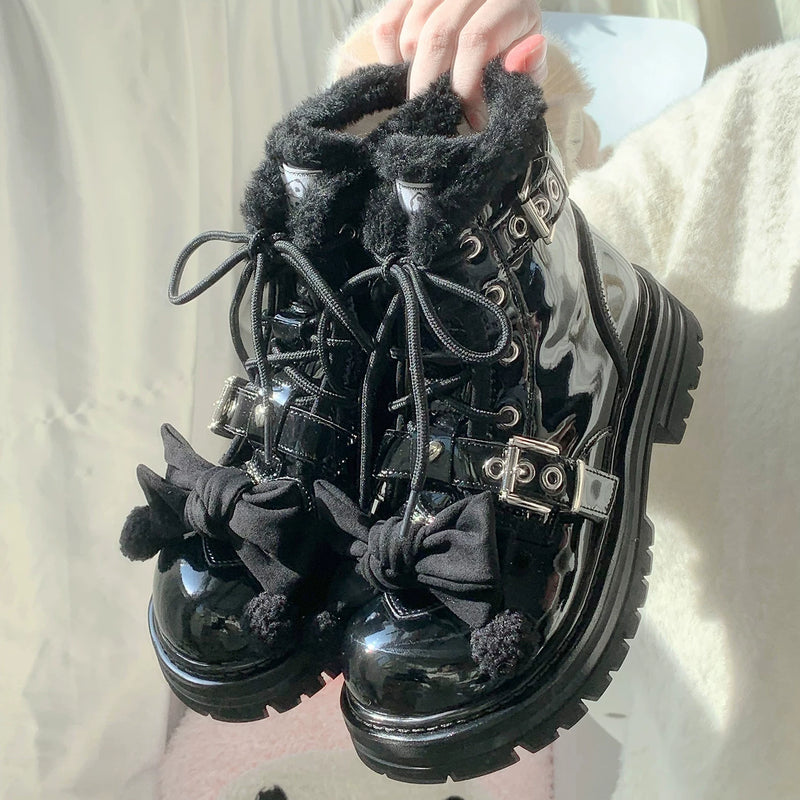 Plush Battle 2.0 Bow Fleece-Lined Lolita Winter Boots — Mirror Black