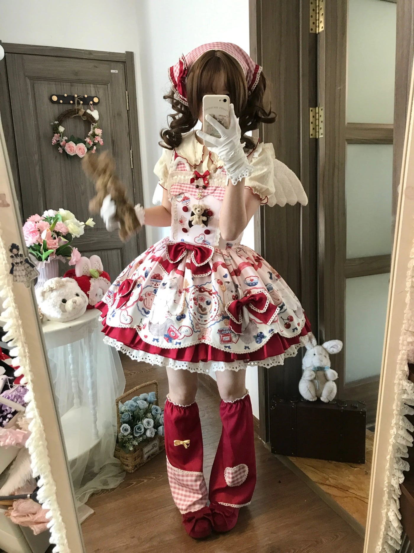 Fluffy Bunny Bubble Cake - Meow Meow Tea Party - Dessert-Print JSK Dress Set with Red Bows