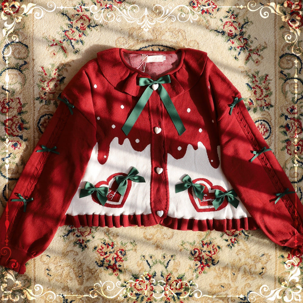 Red-and-white Sweet Lolita sweater coat with green bows, heart buttons and puff sleeves