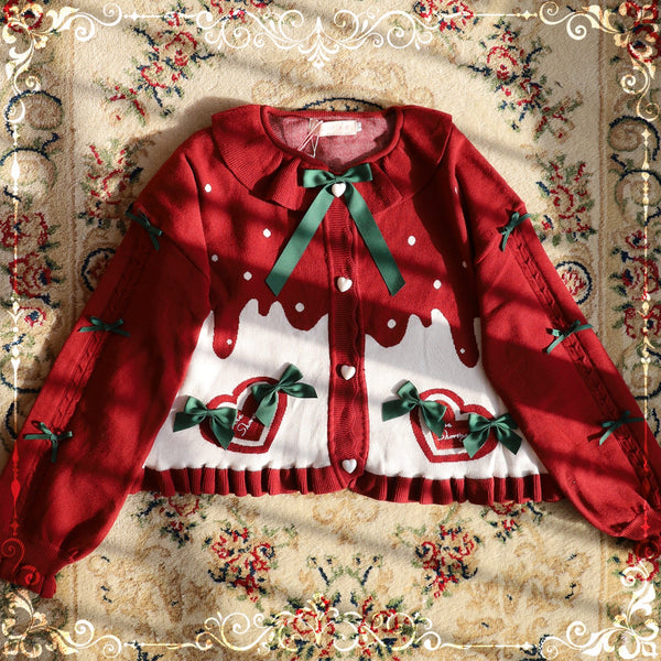 Red-and-white Sweet Lolita sweater coat with green bows, heart buttons and puff sleeves