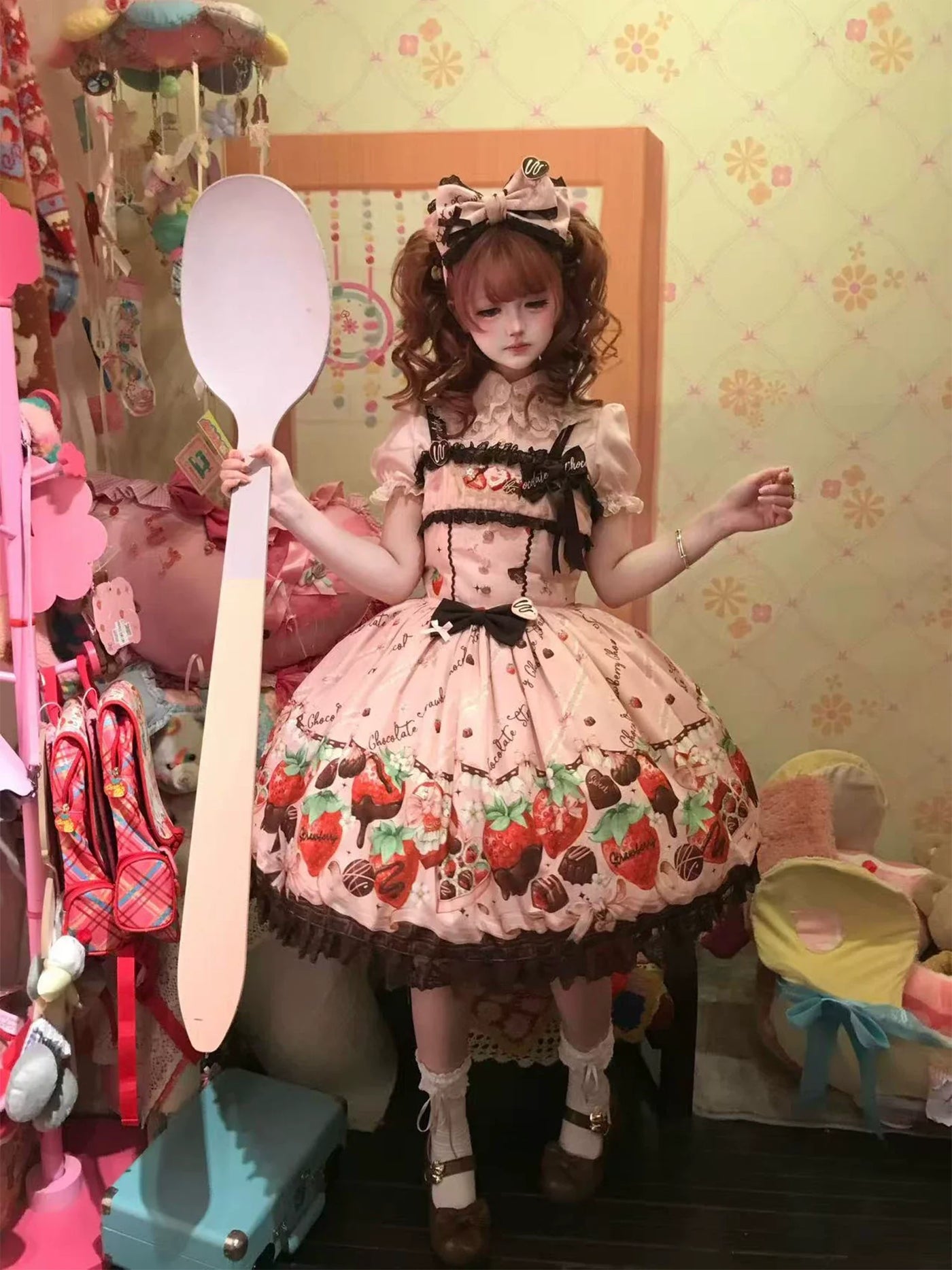 DreamWhale - Strawberry Chocolate Lovers - Kawaii Lolita Embroidered Printed Dress