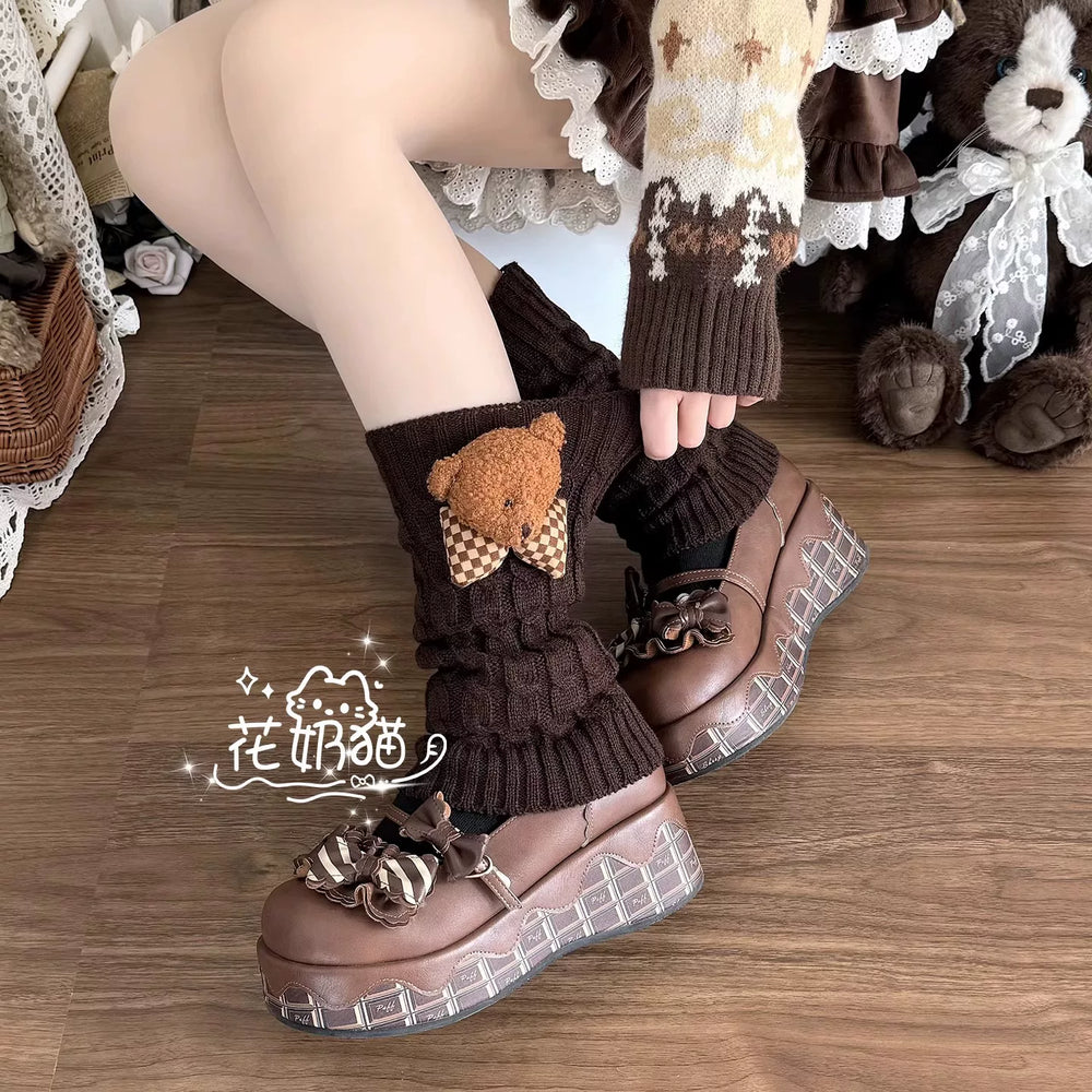Dark brown ribbed knit teddy bear leg warmer
