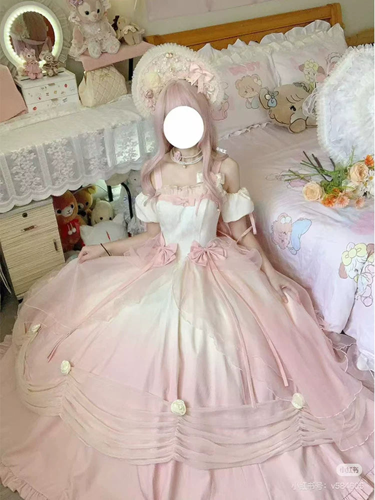Gradient pink off-shoulder Lolita OP dress with matching skirt support, front view