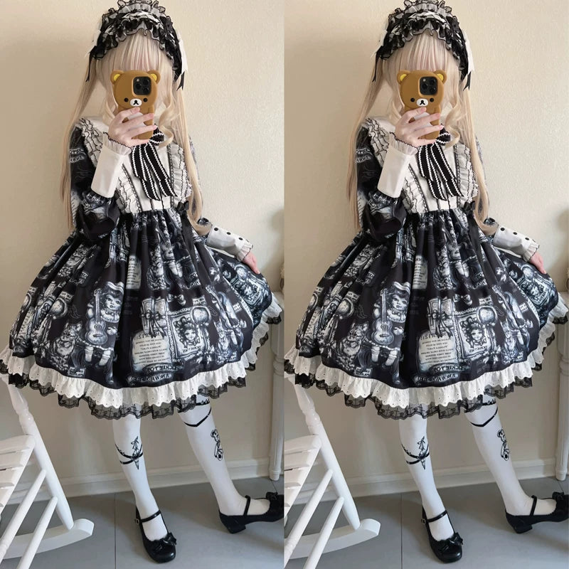 Lady Han Antique Cat Gothic Lolita OP dress featuring dark lace and cat motifs, showcased on a mannequin with intricate details.