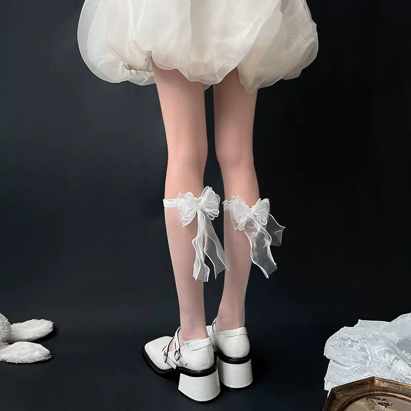 Sock Noble - Crystal Bow - Sheer Mid-Calf Slouch Socks with Bow Detail