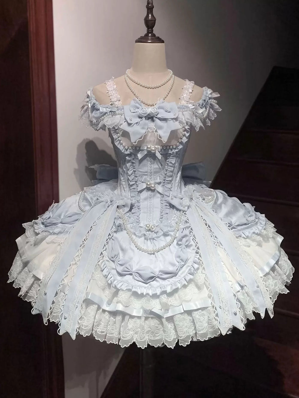 White Sugar Girl balletcore sweet lolita dress in soft blue, off-shoulder style with tiered full skirt and bow accents