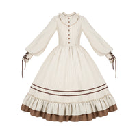 With PUJI - At Sunset - Lolita OP Dress, Ruffle Trim & Detachable Styling - Lace stand collar lantern sleeve ruffle long OP Pre-order, ships gradually from October 26 / S