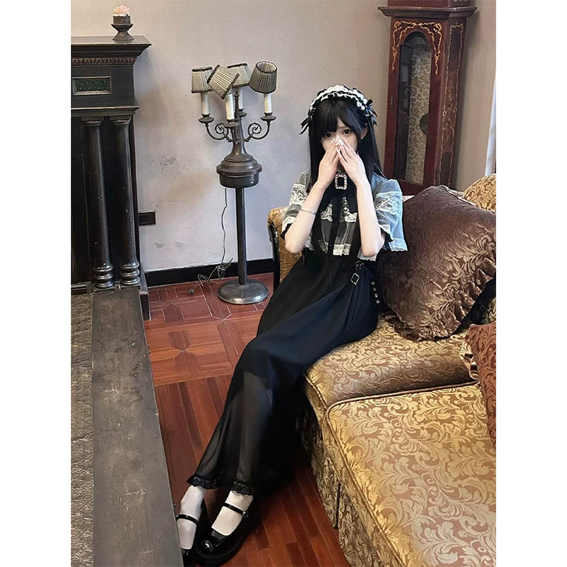 Creamy - Gothic Lolita Midi Dress - Black short-sleeved Lolita dress