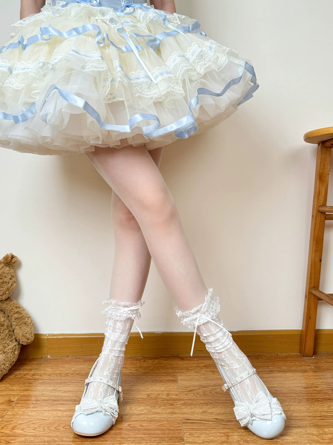 Chubby Bear Tales - Ballet Lace Ribbon - Openwork Mid-Calf Socks with Ribbon Bows