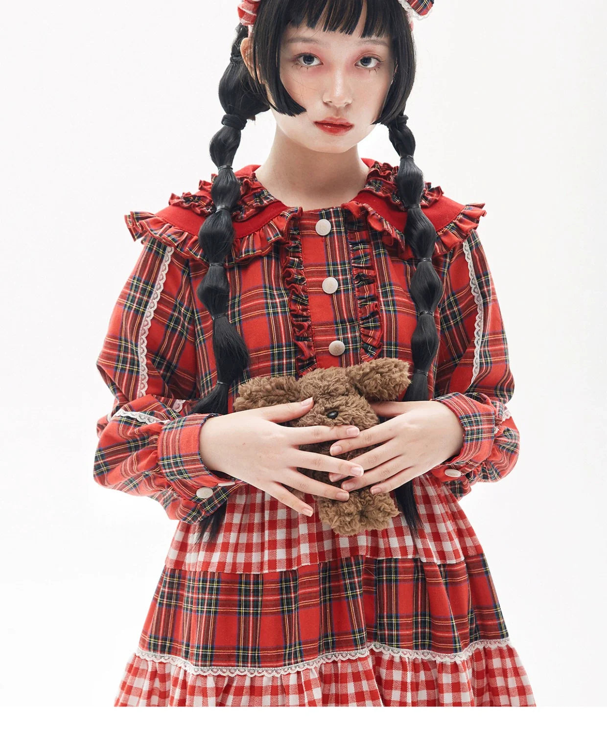 SOS MEME CLUB - Vintage Plaid - Red Vintage Lolita OP dress with a doll collar - product detail 11
