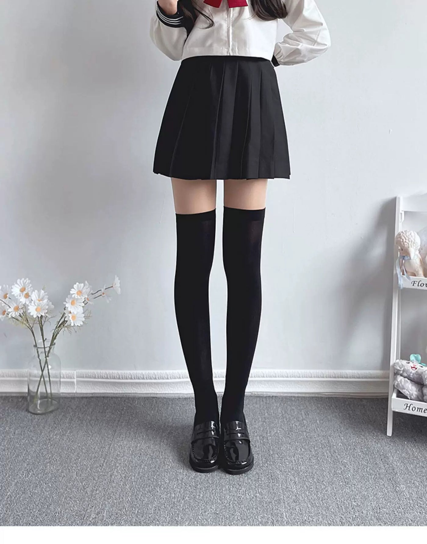 Floral Milk Cat - Black Multi-Length - Thin Heelless Socks in Four Lengths