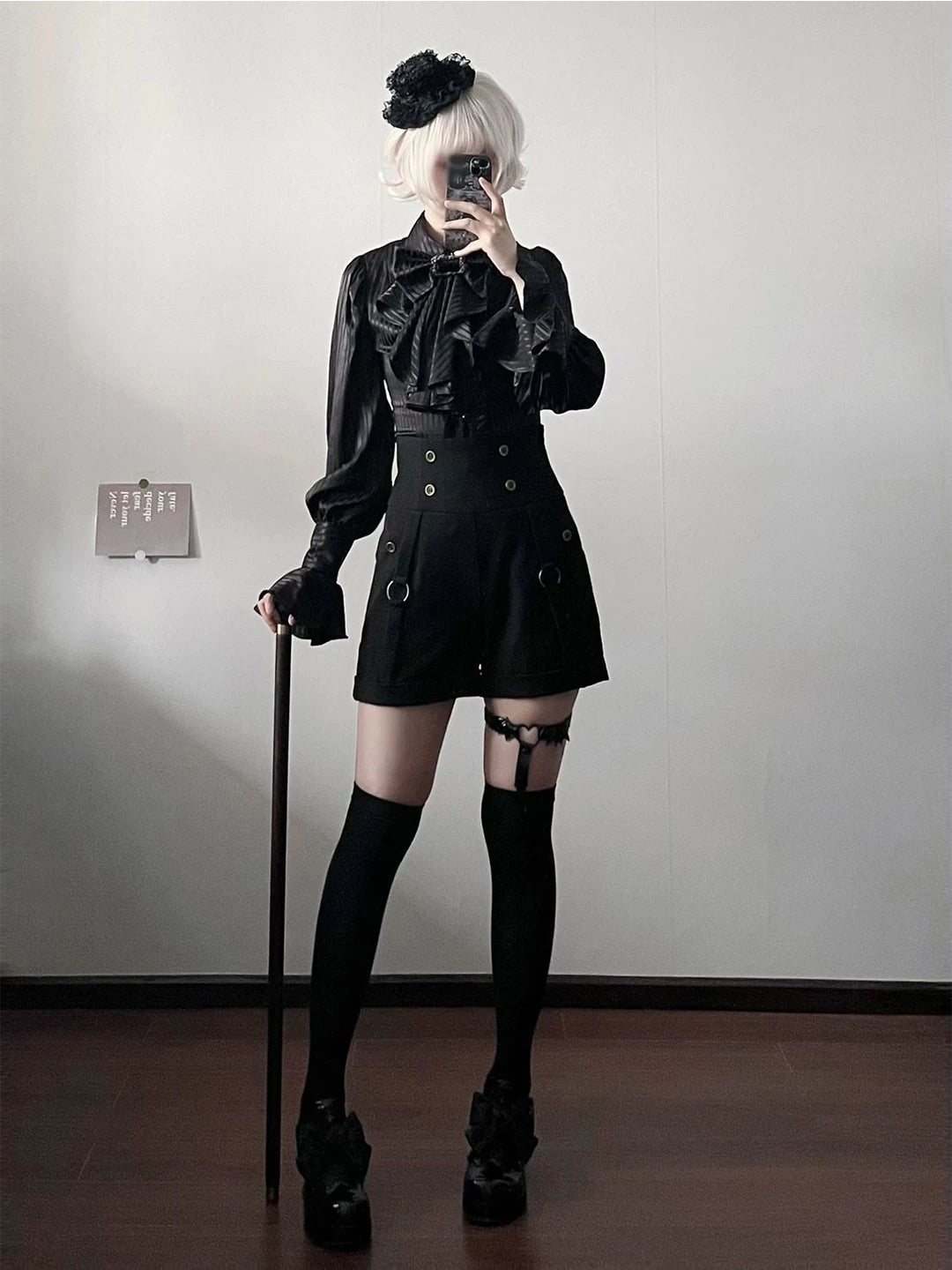 Black gothic ouji lolita blouse and shorts set with bow accent