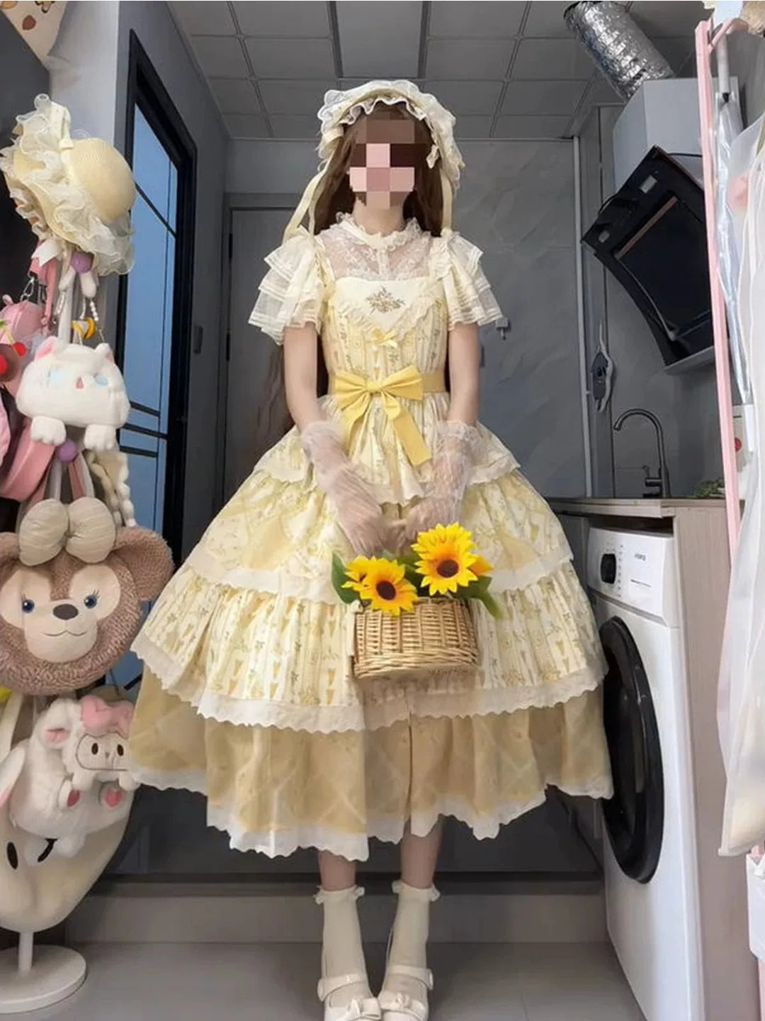 Creamy - Yellow Garden Embroidery - JSK dress with a waist belt and layered ruffle tiers