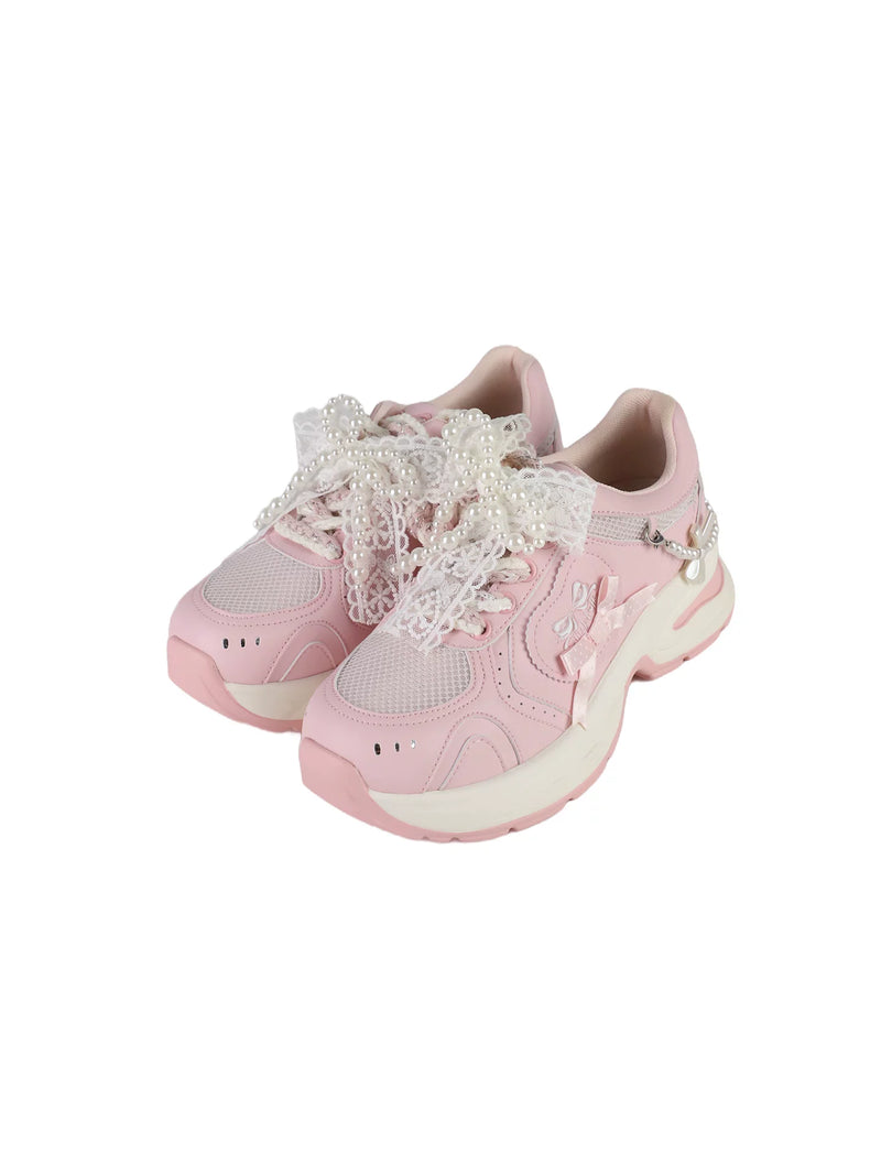 Sheep Puff Heartbeat Signal Lolita Sneakers, white shoes with heart and heartbeat design, casual footwear for women.