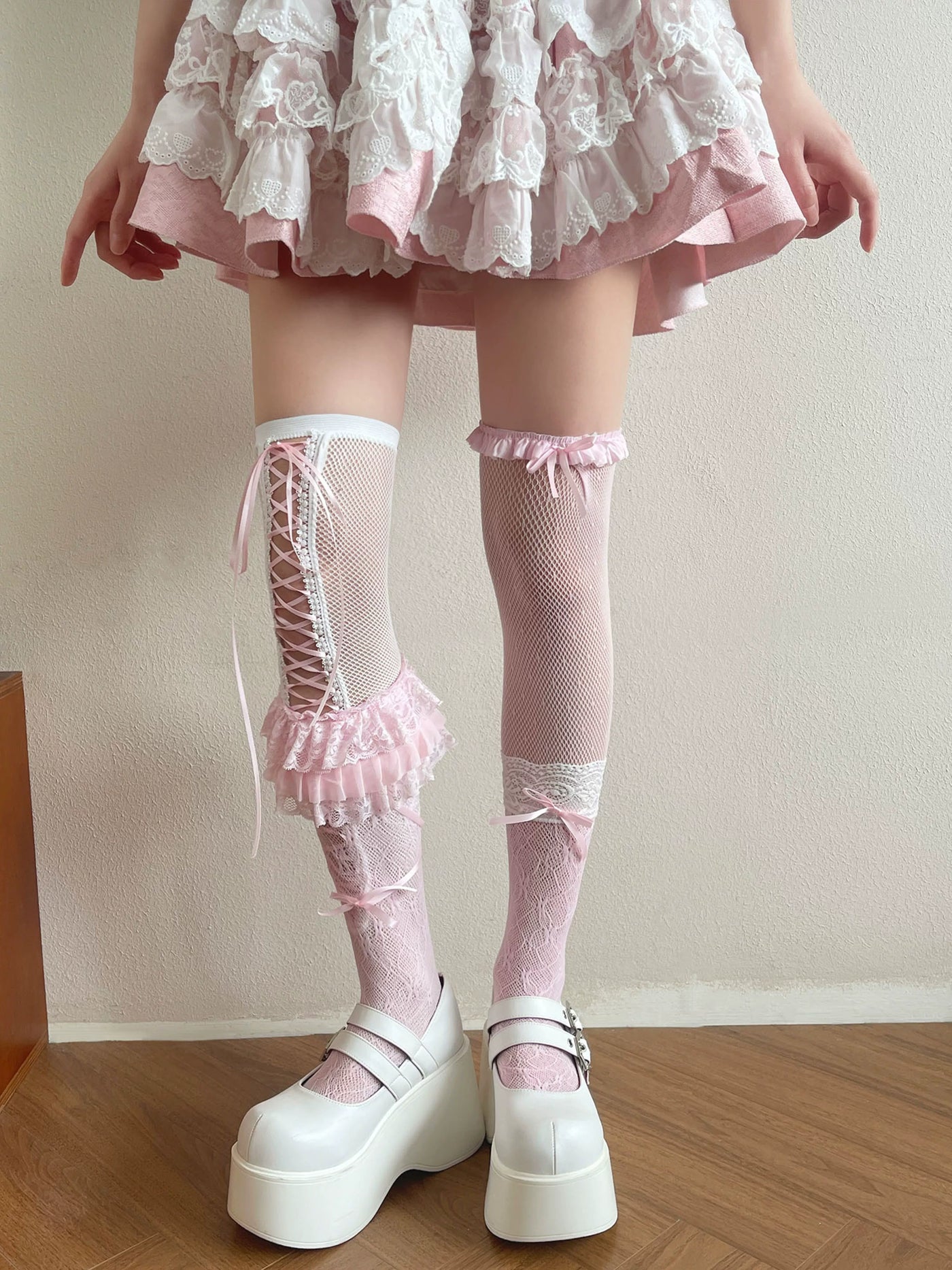 Sock Noble - Pink Lace Layering - Over-the-knee socks with layered lace trims and ribbon ties