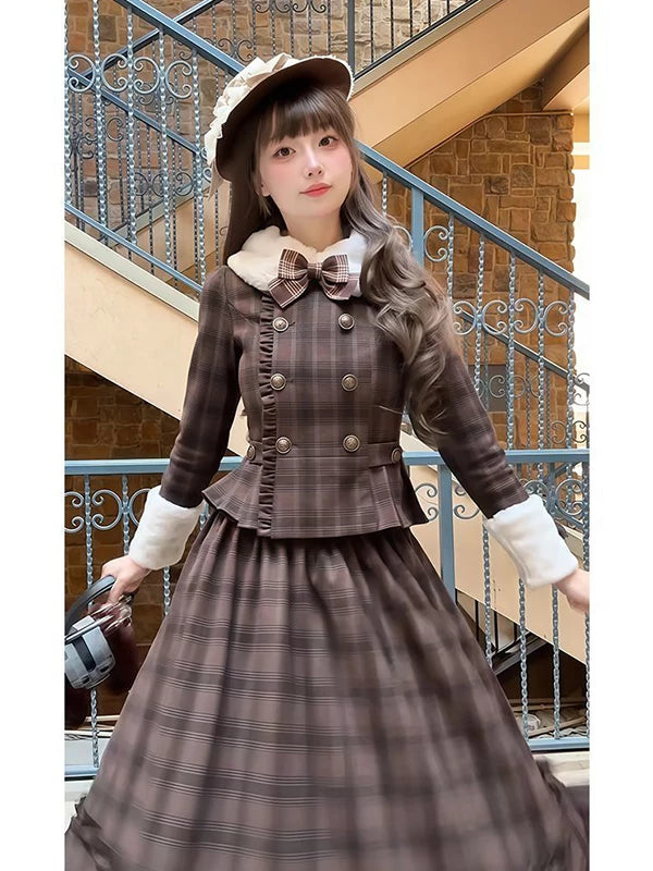 Creamy - Vintage Plaid - Two-Piece Set with a plush collar and cuffs