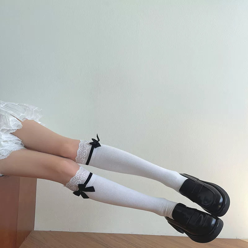 Sock Noble - Lace Bow - Cotton Mid-Calf Slouch Socks with Lace Cuffs