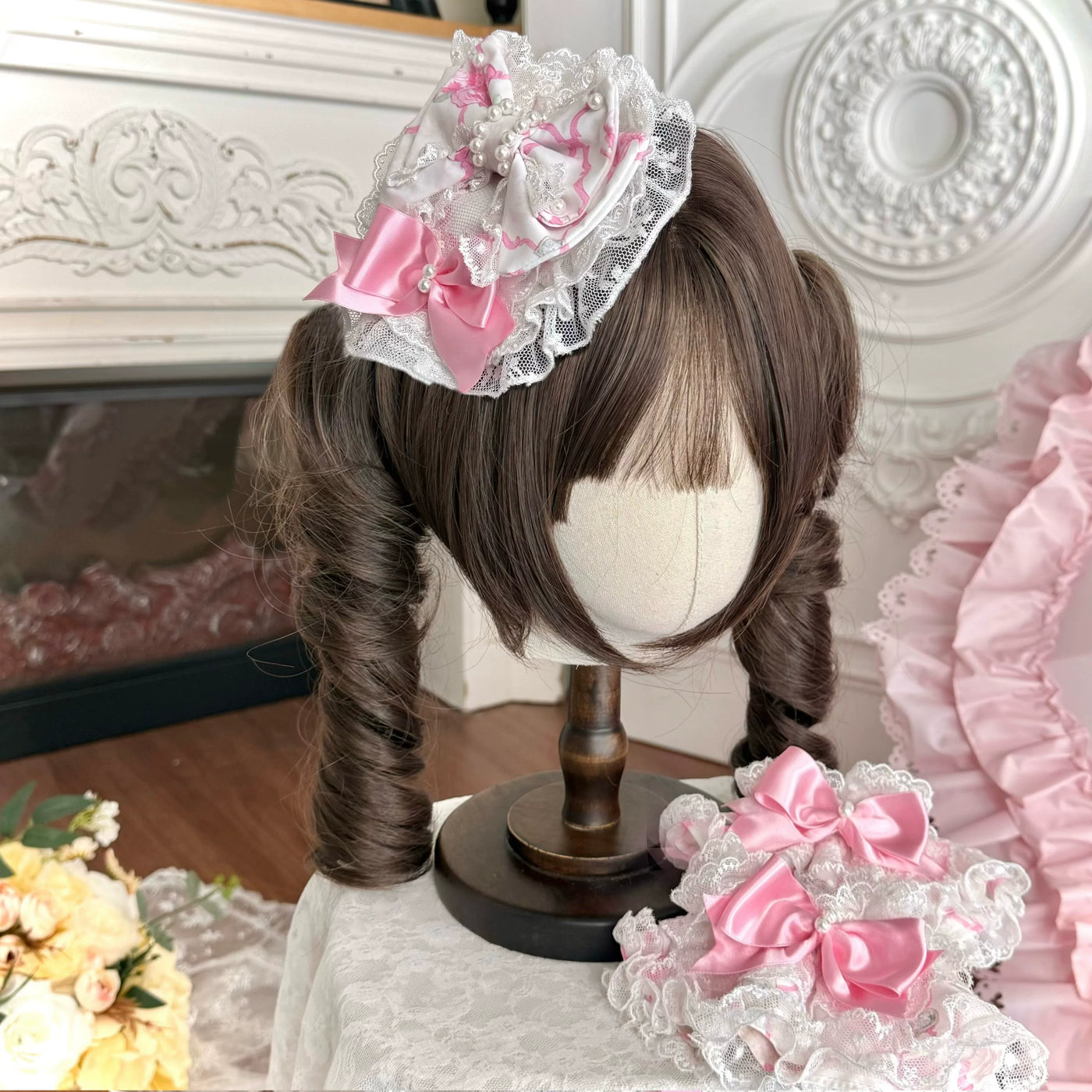Summer 2026 - Old School Lolita Floral Printed JSK Dress with Ribbon Bows Hanamaru Headpiece - White (one size / choose M) S