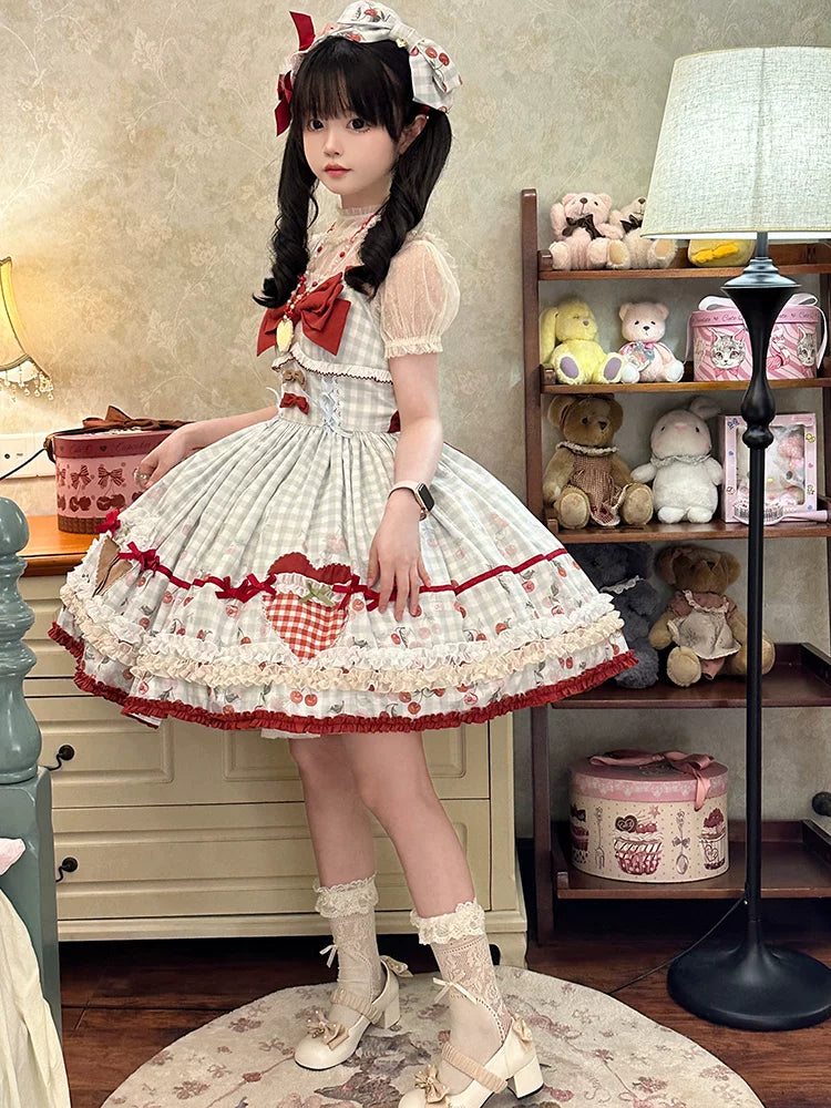 Baozi Pig - Chengnan Cherry Shop - Gingham JSK dress with cherry motifs