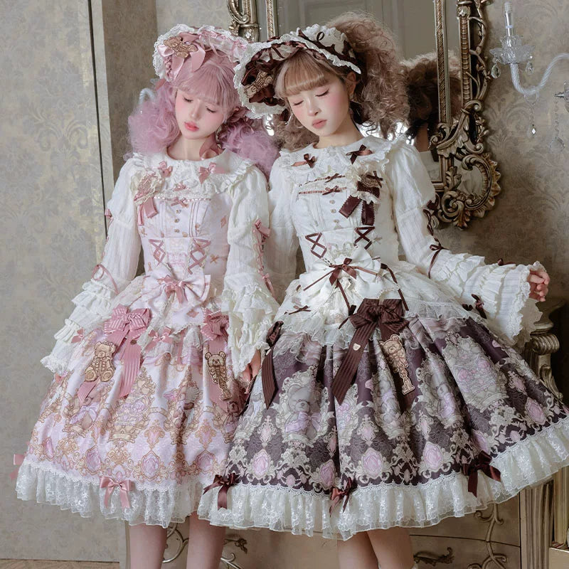 OCELOT - Antique Teddy Bear - Classic Lolita Printed JSK Dress with Ribbon Bows