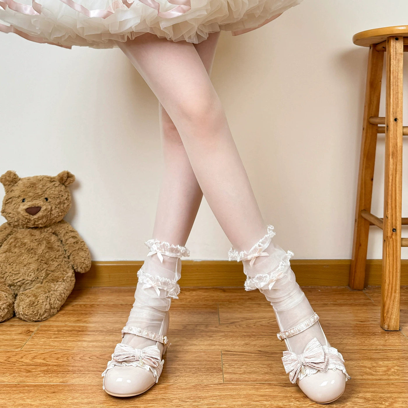 Chubby Bear Tales - Ballet Ribbon - Mid-Calf Socks with Layered Lace Ruffles