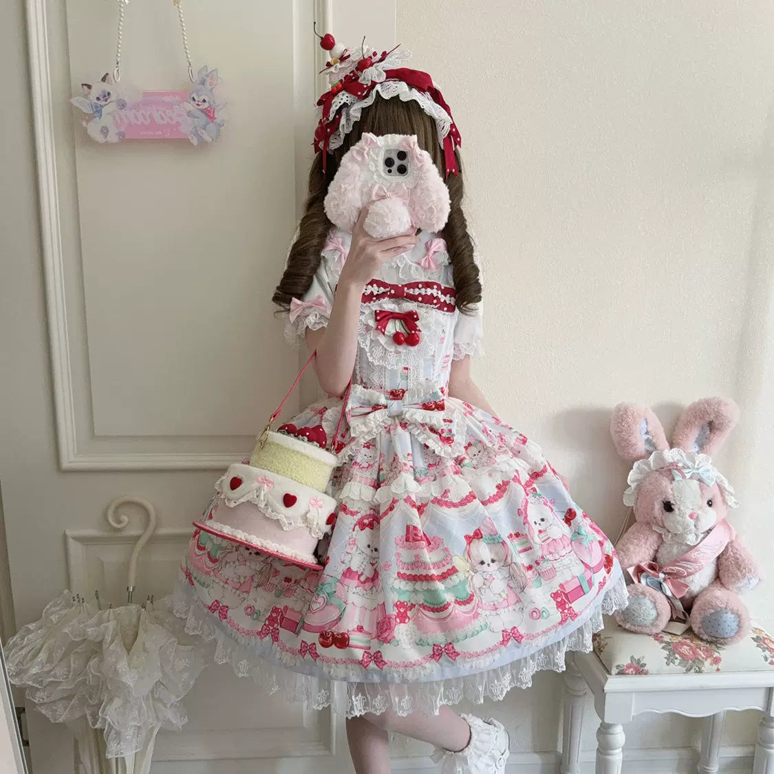 Lady Han Cherry Bake JSK dress by Lolita Fetch featuring a cherry print and elegant design on a classic lolita style dress.