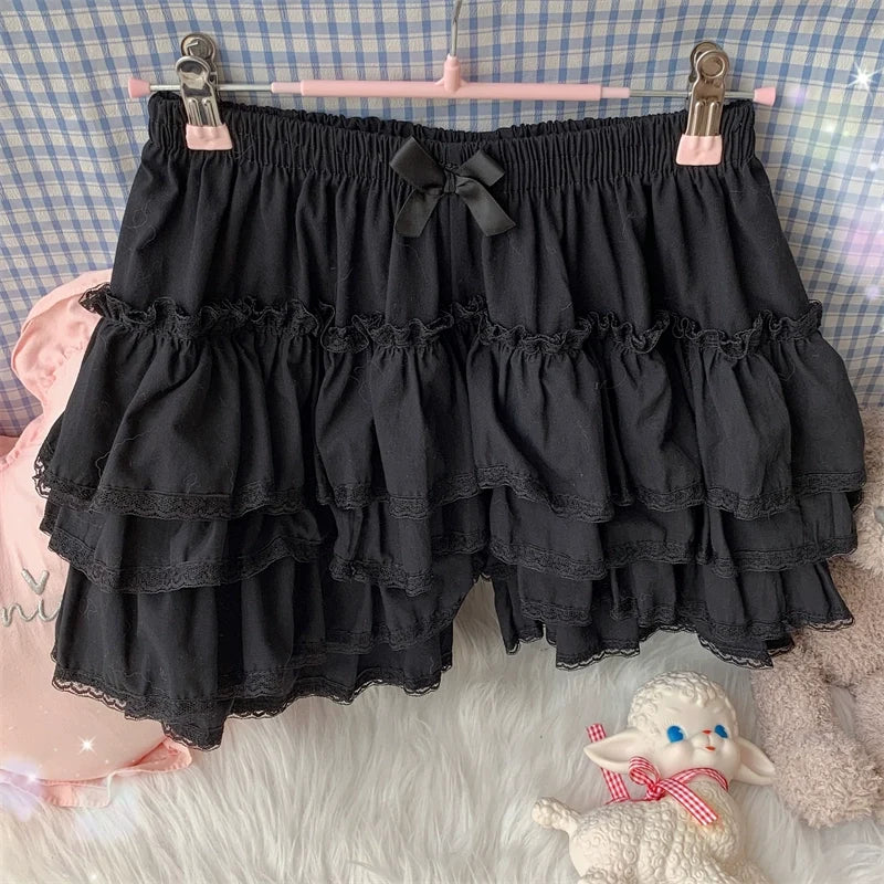 Cotton Lolita Bloomer, Loose Ruffled Hem Black One Size
