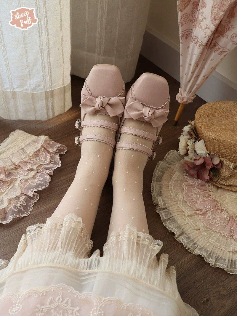 Sheep Puff Squared Bow 2.0 Mid Heel Lolita Shoes showing white shoes with large bow detail and squared toe design.