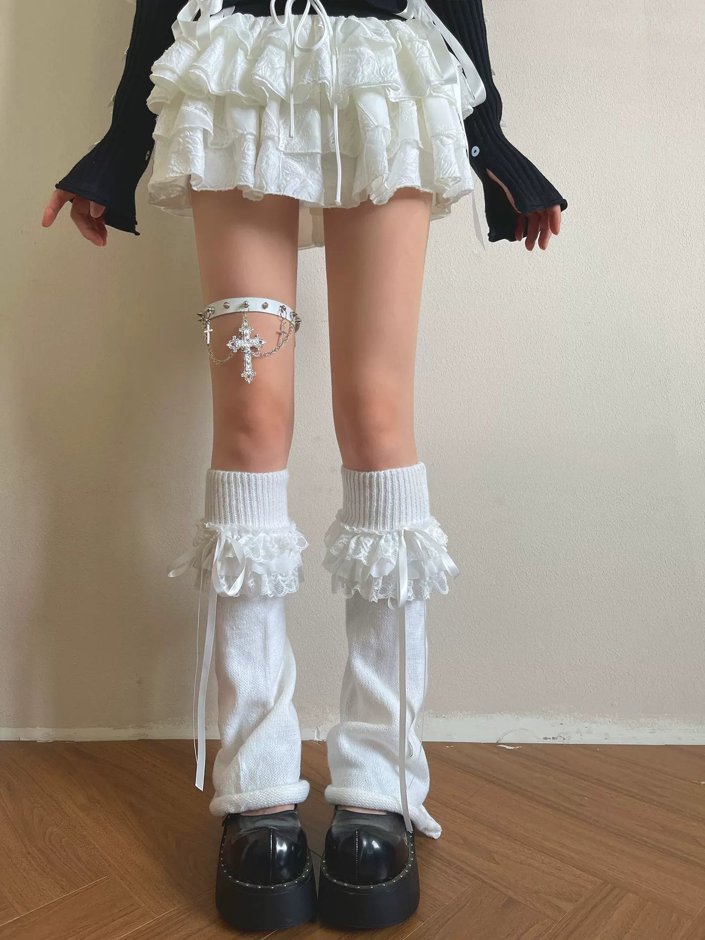 Sock Noble - Layered Lace Bow - Knit sock covers with multi-layer lace ruffles