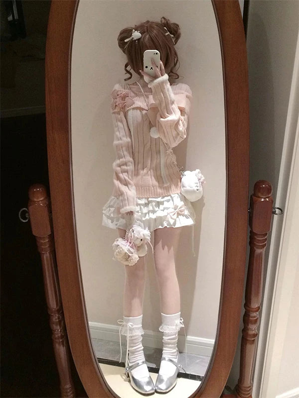 Creamy - Pink Cake Layers - Pink Knit Top and Tiered Short Skirt Two-Piece Set