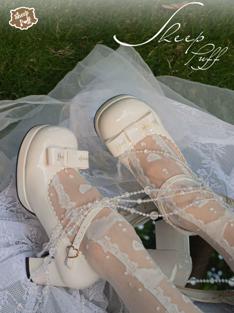 Sheep Puff Souffle Bow Lolita Heels, stylish shoes with puffed sheep design and bow detail, shown on a model's feet.
